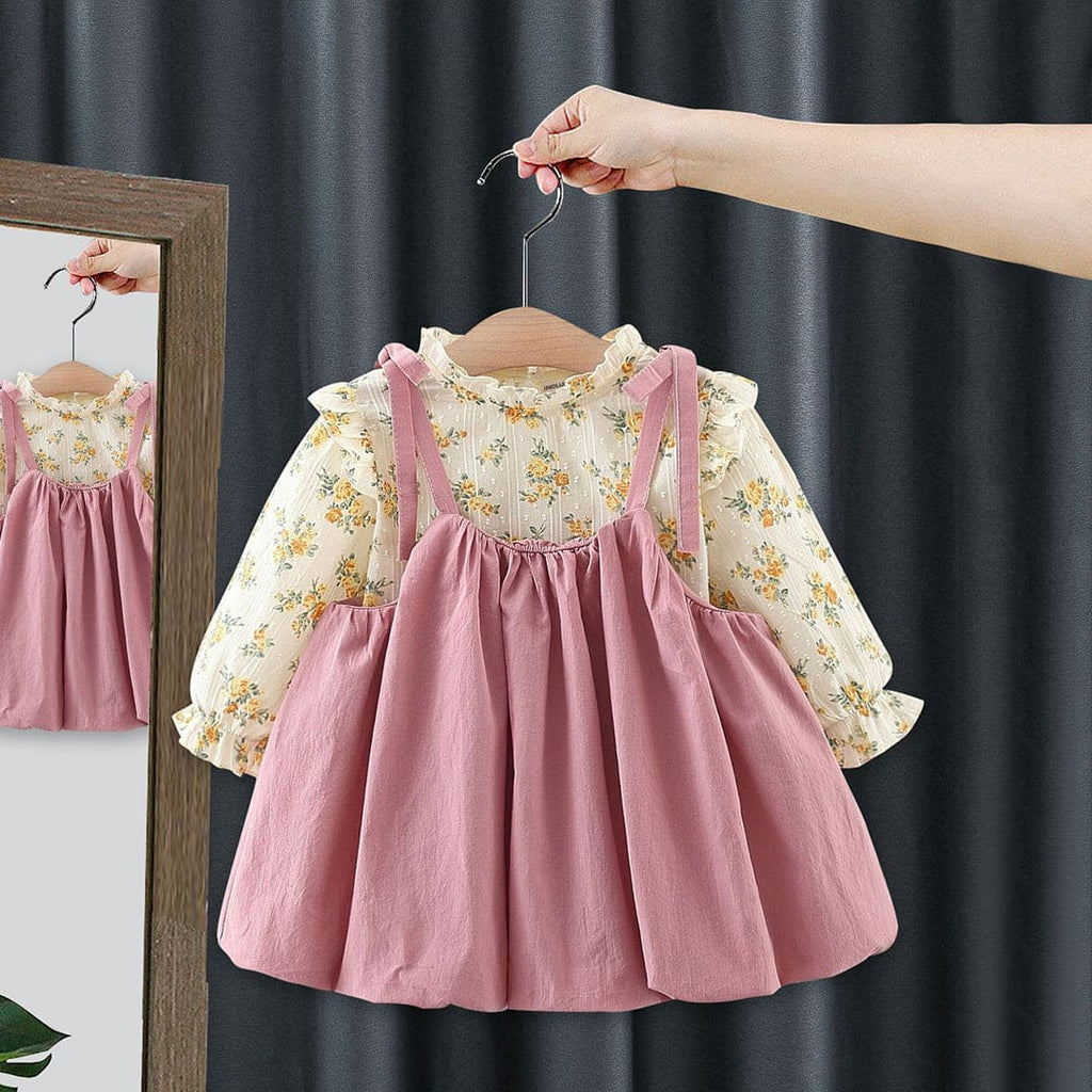 Girls Pink Long Sleeve Floral Print Top With Sleeveless Dress Casual Dresses Pink 1-2 Y 