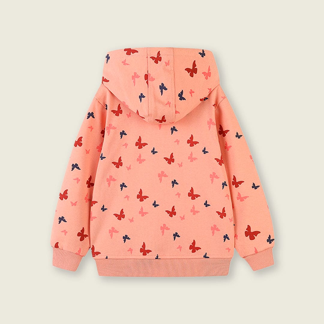 Girls Peach Long Sleeve Butterfly Printed Front Open Hooded Sweatshirt Sweatshirts & Hoodies   
