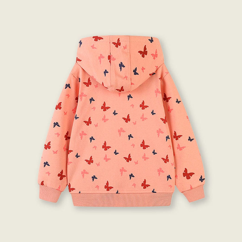 Girls Peach Long Sleeve Butterfly Printed Front Open Hooded Sweatshirt Sweatshirts & Hoodies   