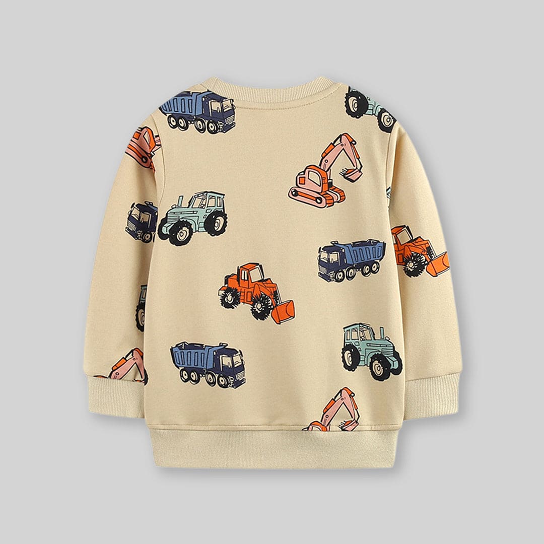 Boys Beige Long Sleeve Car Printed Round Neck Sweatshirt Sweatshirts & Hoodies   