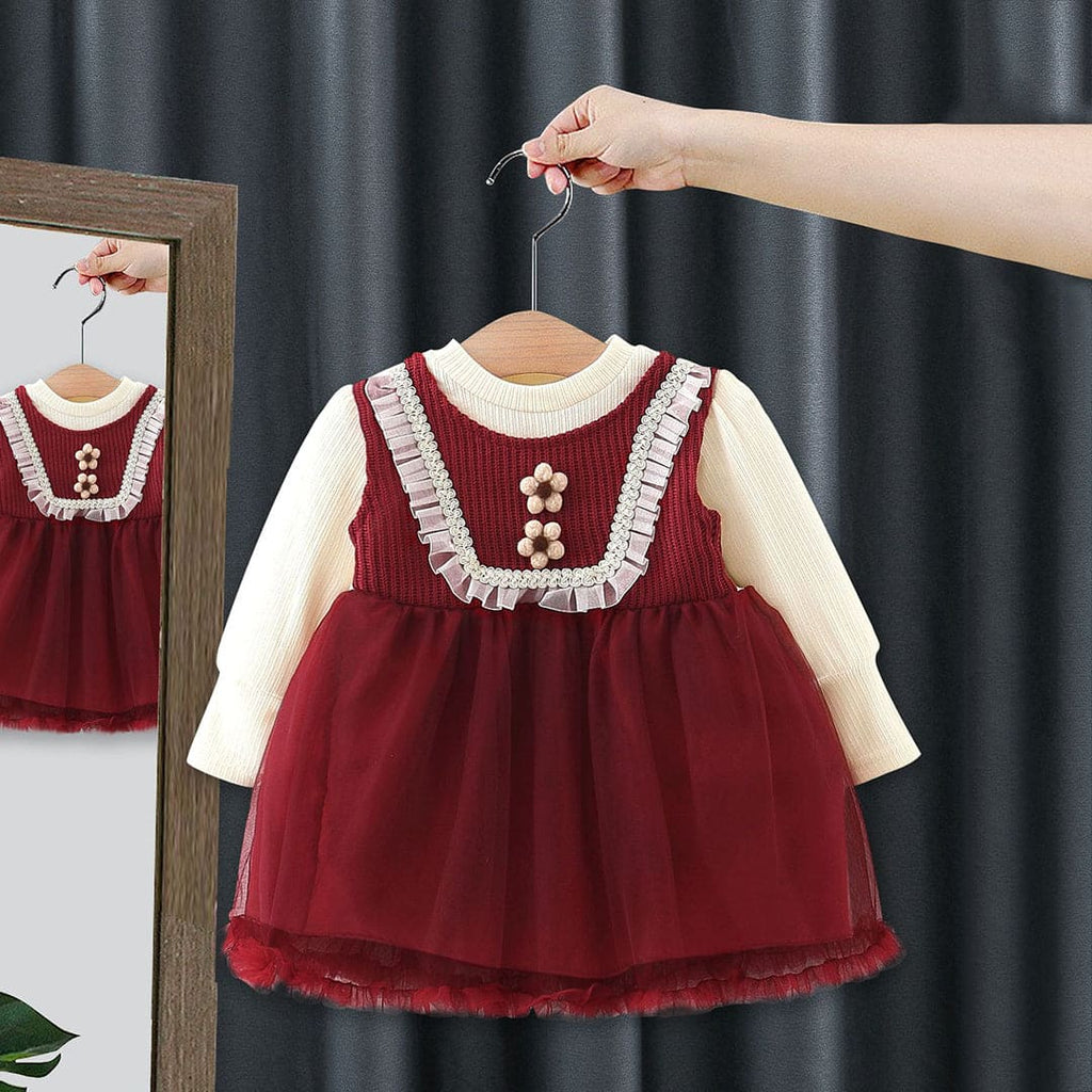 Girls Maroon Long Sleeve Fit & Flare Dress With Sweater Knit Yoke Casual Dresses Maroon 1-2 Y 