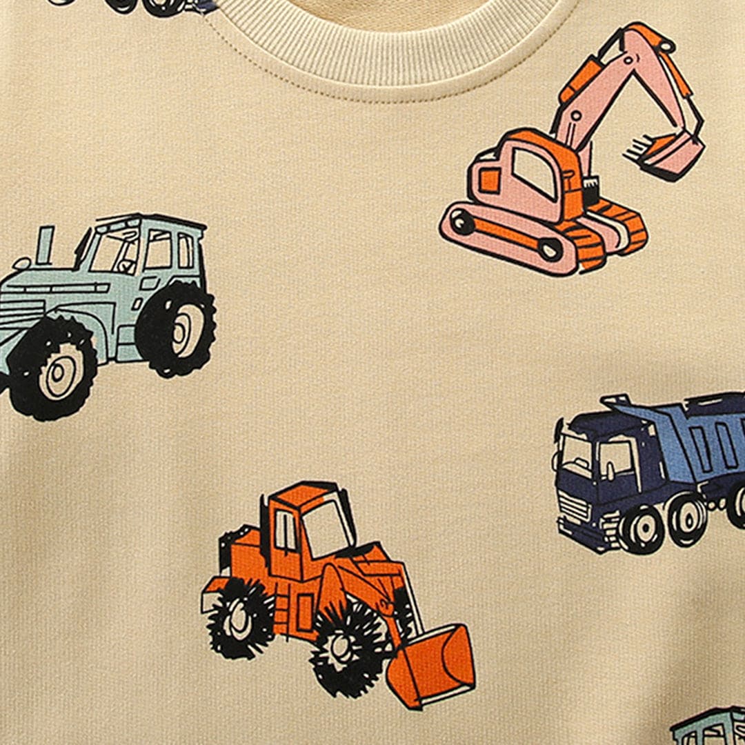 Boys Beige Long Sleeve Car Printed Round Neck Sweatshirt Sweatshirts & Hoodies   