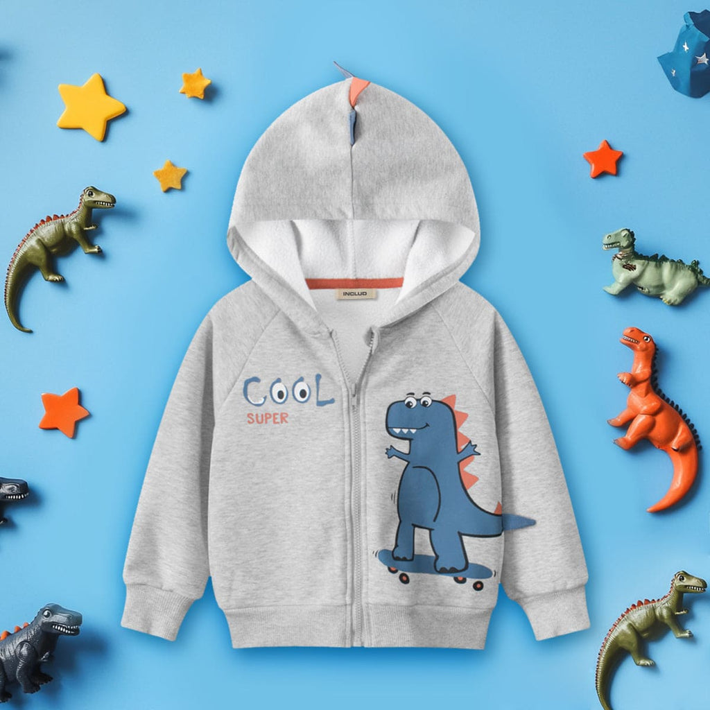 Boys Gray Dinosaur Print Long Sleeves Hooded Sweatshirt Sweatshirts & Hoodies Gray 1-2 Y 