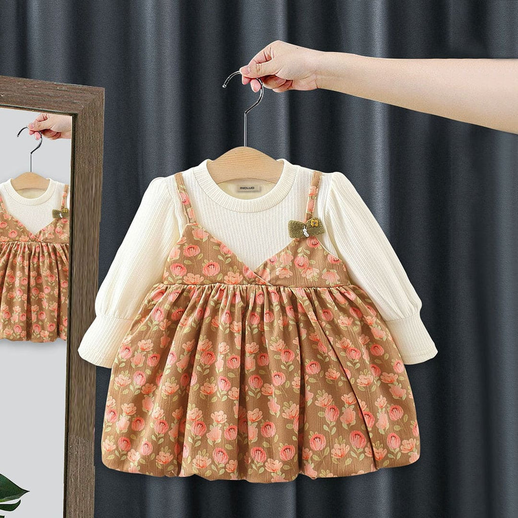 Girls Brown Long Sleeve Flower Print Fit & Flare Dress Casual Dresses Brown 1-2 Y 