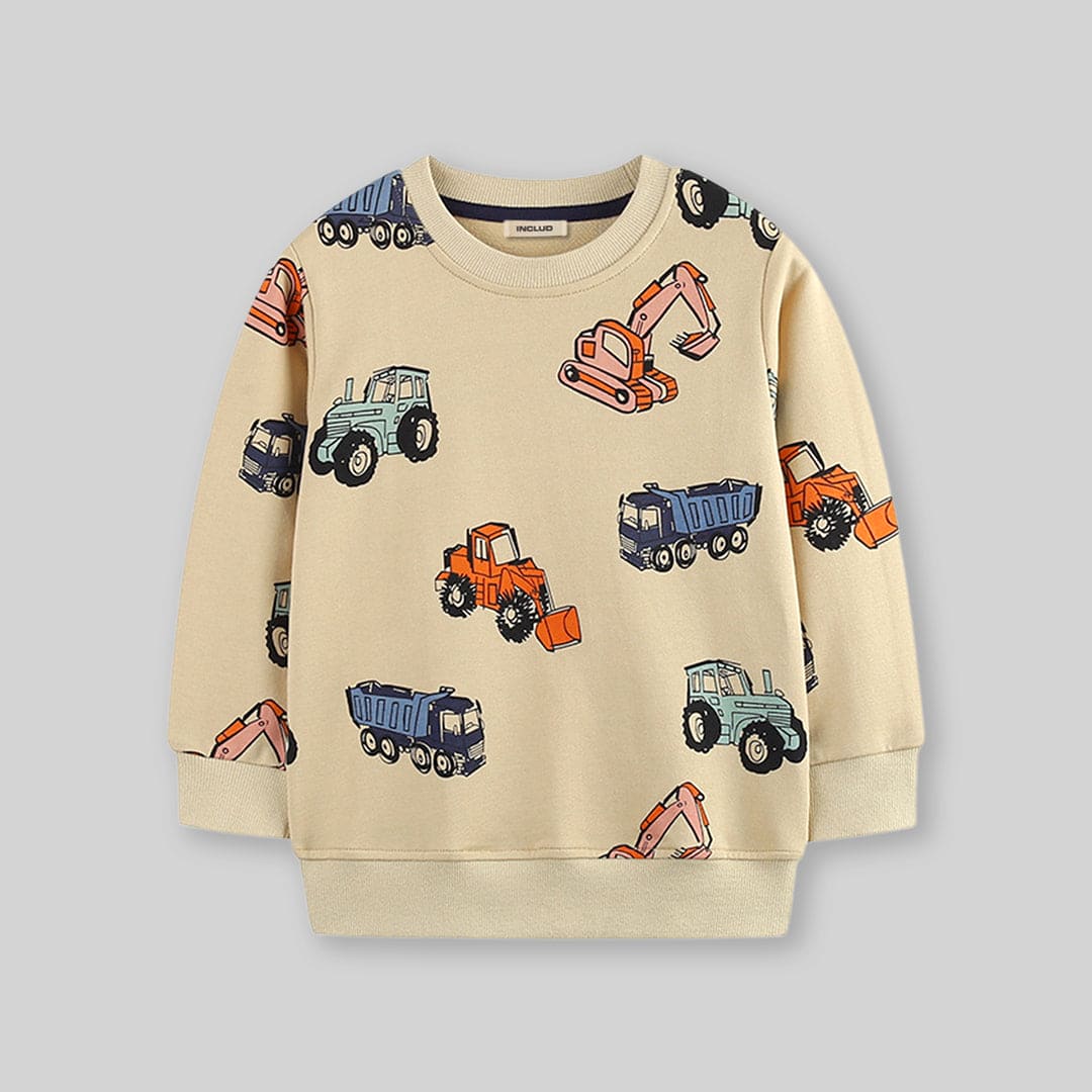 Boys Beige Long Sleeve Car Printed Round Neck Sweatshirt Sweatshirts & Hoodies   