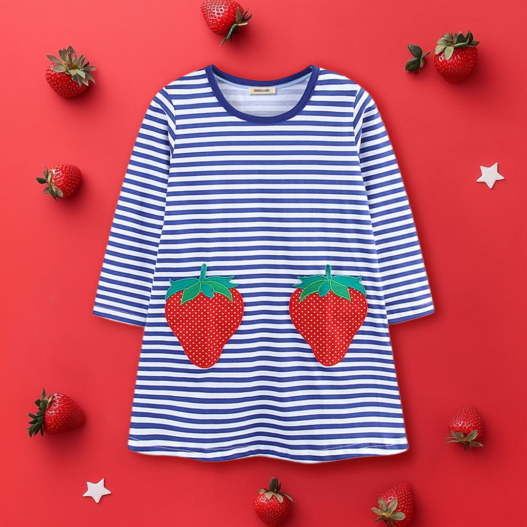 Girls White Long Sleeves Striped Strawberry Embroidered Dress Casual Dresses White 1-2 Y 
