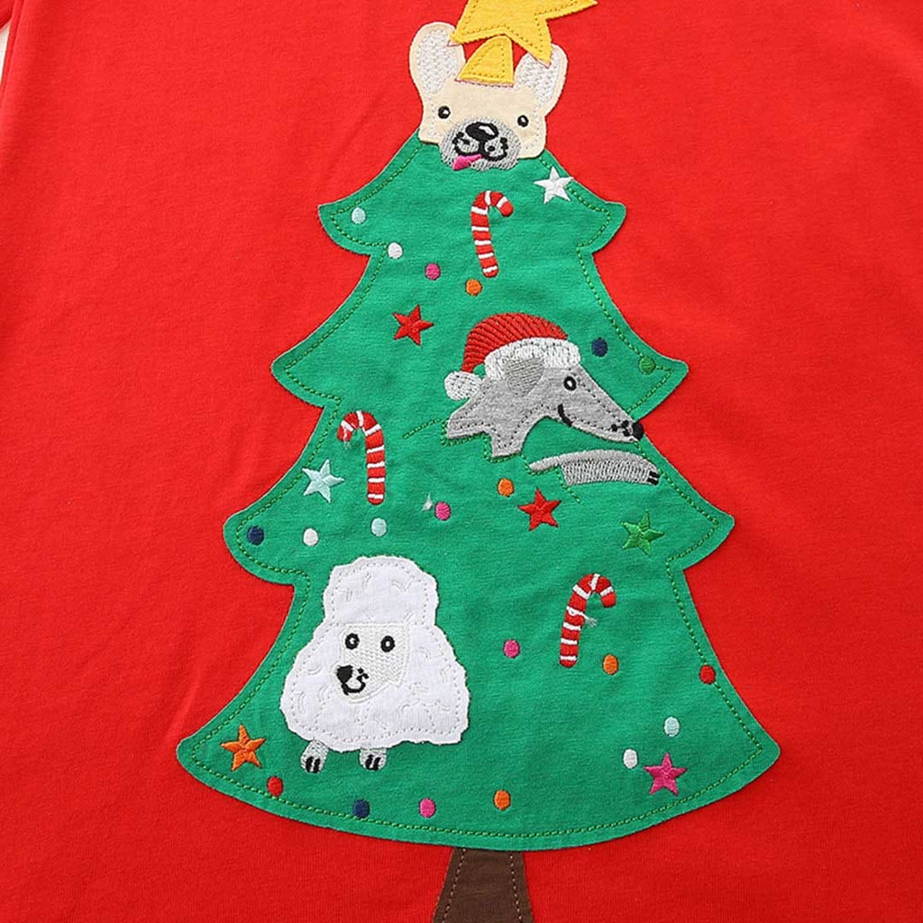 Girls Red Christmas Tree Embroidered Knitted Princess Dress Casual Dresses   