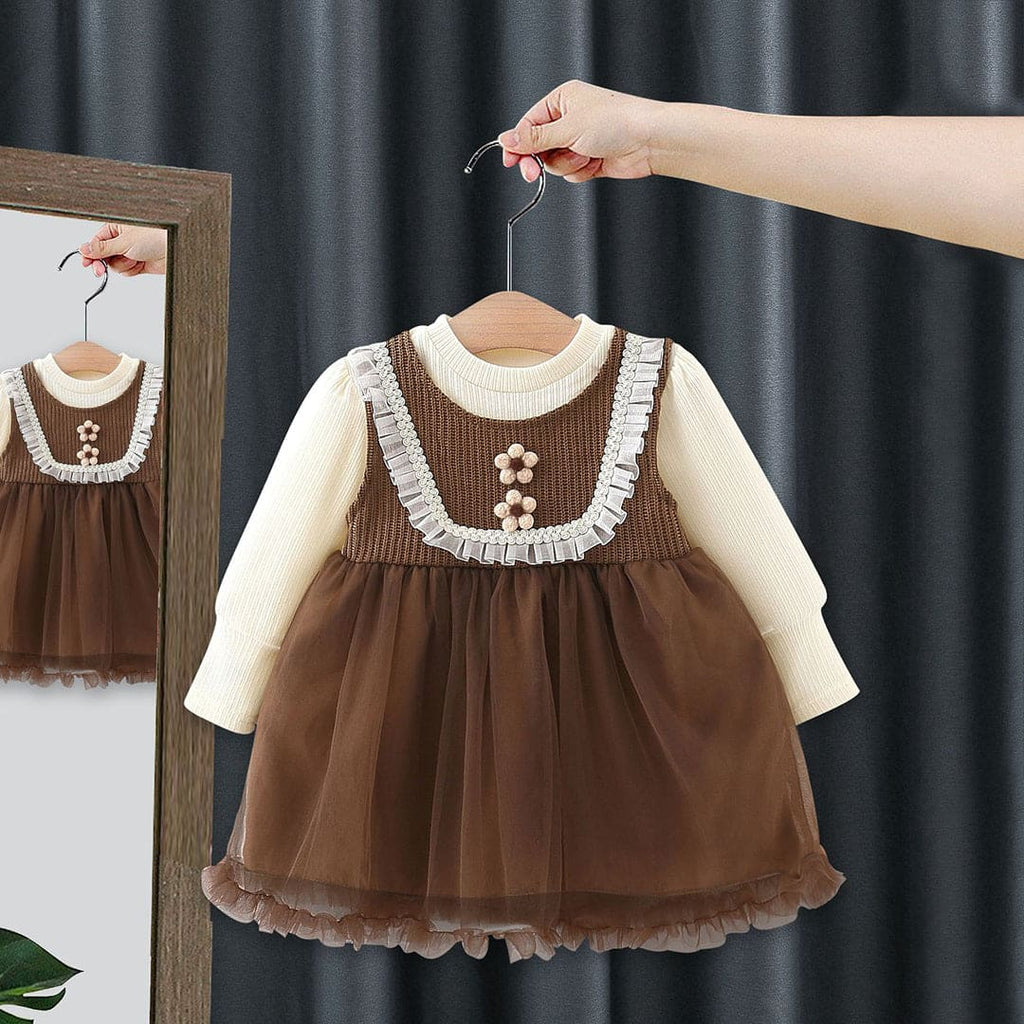 Girls Brown Long Sleeve Fit & Flare Dress With Sweater Knit Yoke Casual Dresses Brown 1-2 Y 