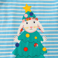 Girls Blue Long Sleeve Bunny Printed Striped T-Shirt Tops   