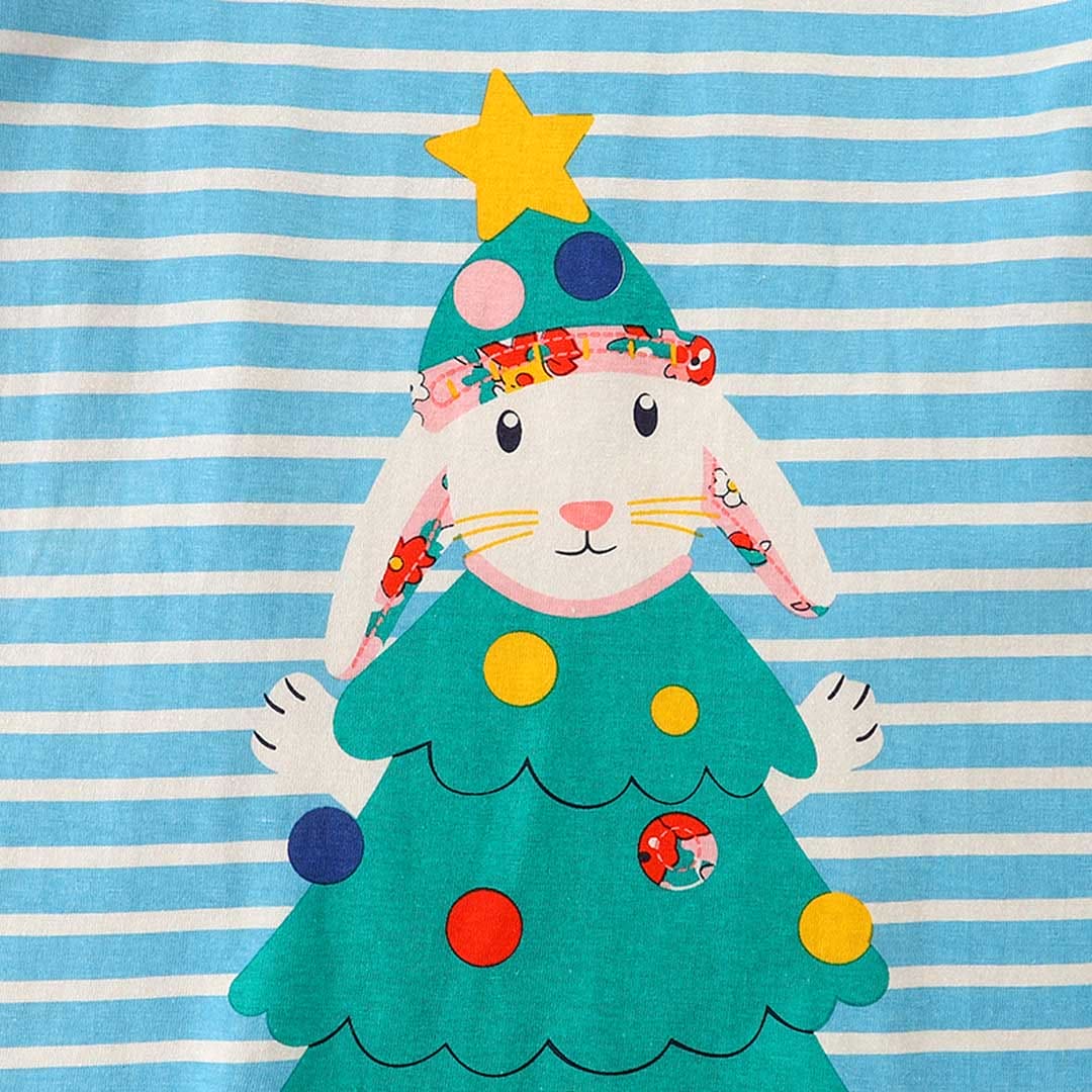 Girls Blue Long Sleeve Bunny Printed Striped T-Shirt Tops   
