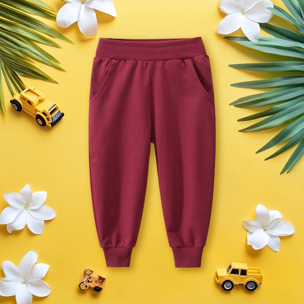 Boys Maroon Solid Elasticated Rib Trouser Trackpants & Joggers Maroon 1-2 Y 