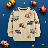 Boys Beige Long Sleeve Car Printed Round Neck Sweatshirt