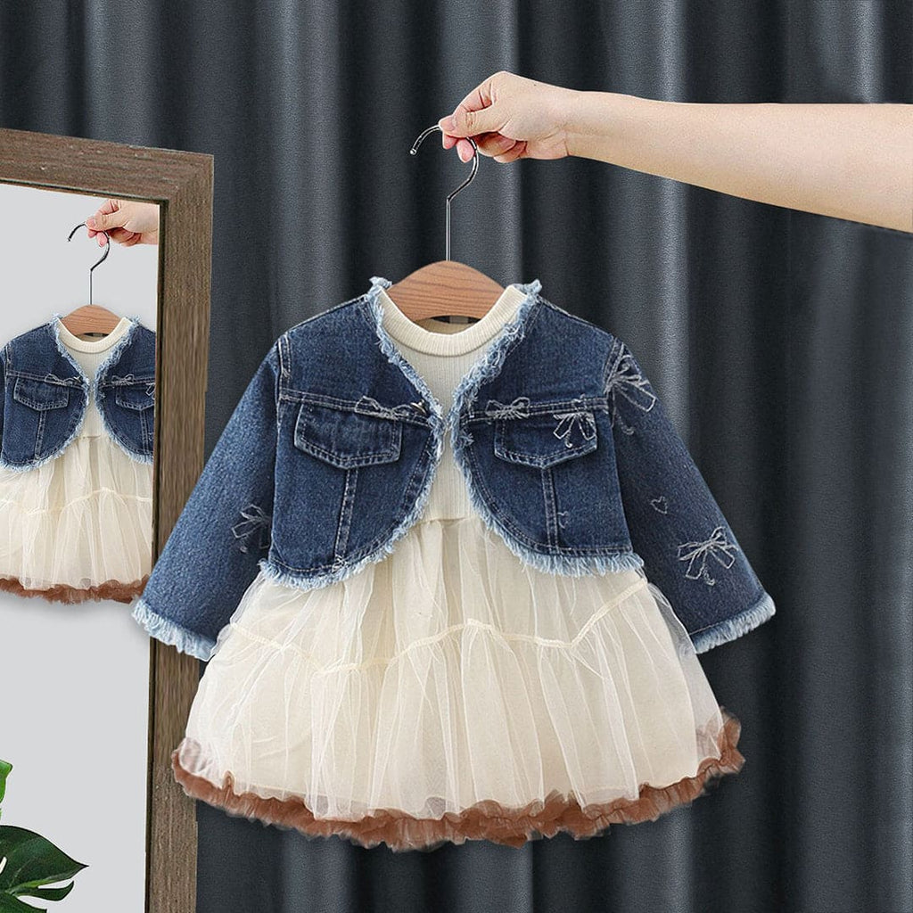 Girls Blue Long Sleeve Dress With Denim Jacket Casual Dresses Blue 1-2 Y 