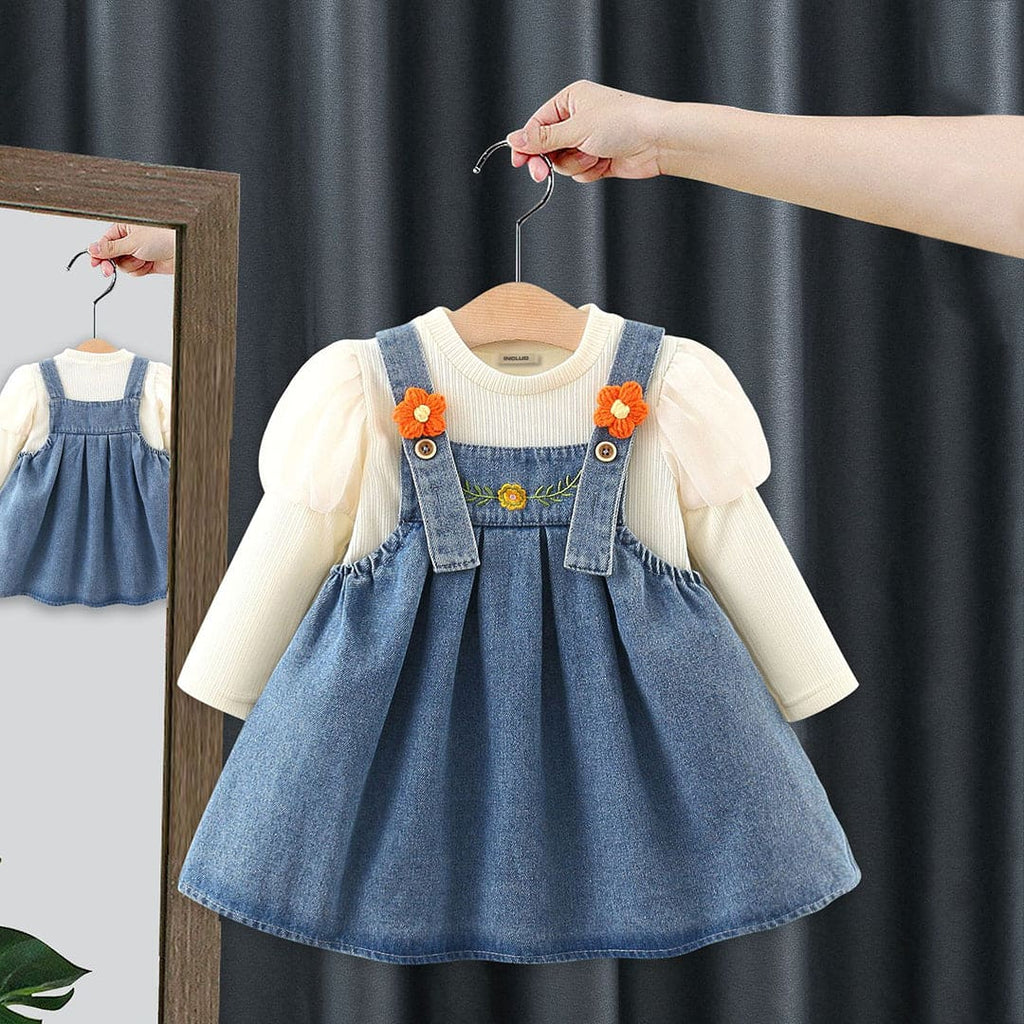 Girls Puff Sleeves T-Shirt With Sleeveless Denim Fit & Flare Dress Casual Dresses Blue 1-2 Y 