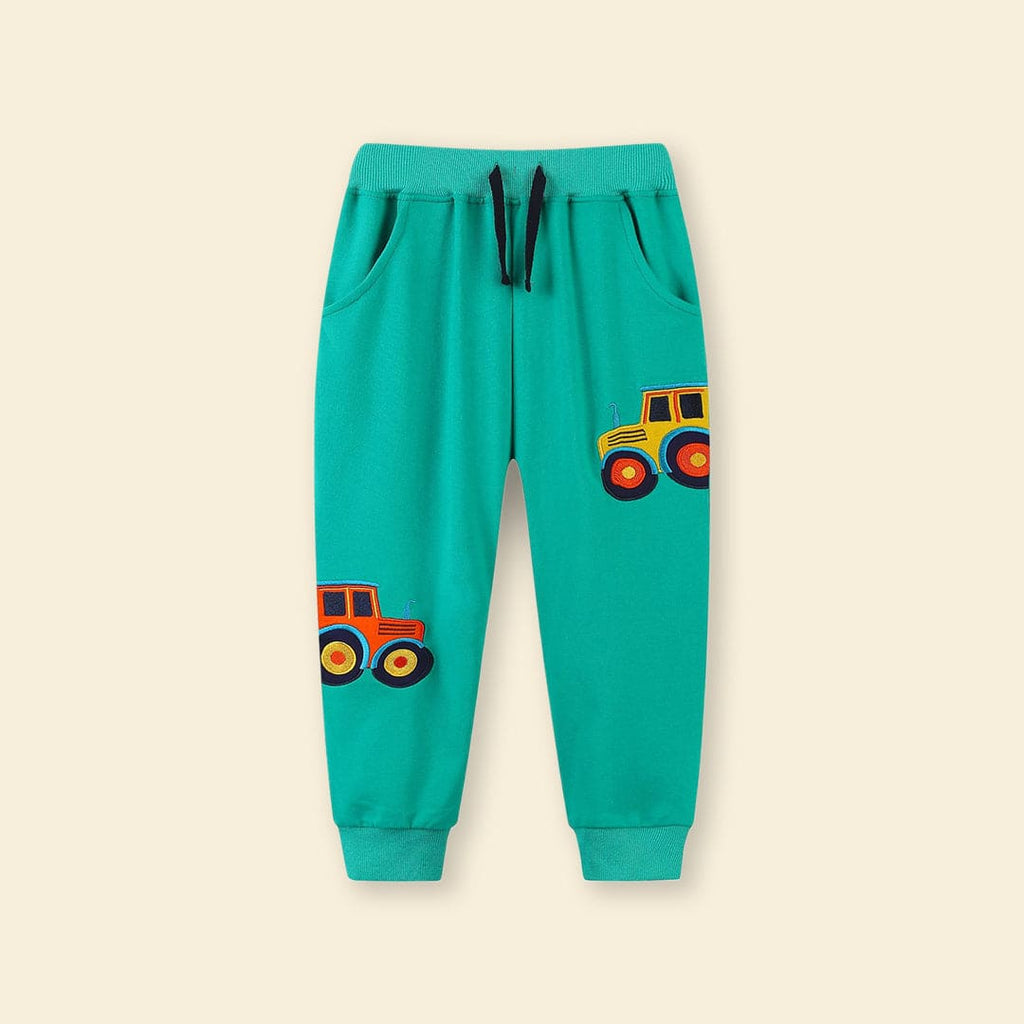 Boys Green Car Embroidered Sweatpants Joggers   