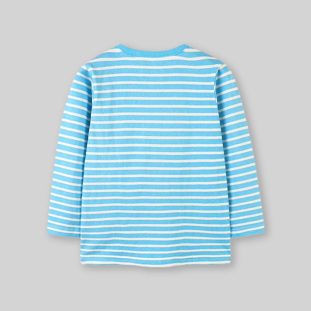 Girls Blue Long Sleeve Bunny Printed Striped T-Shirt Tops   