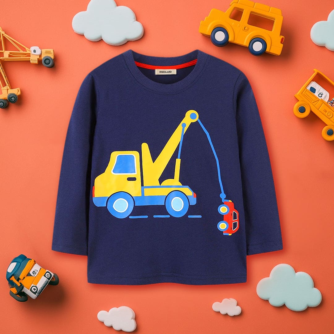 Boys Navy Long Sleeve Car Printed Round Neck T-Shirt Tshirts Navy 1-2 Y 