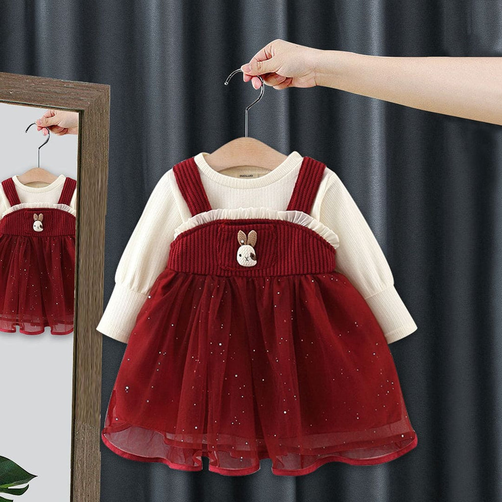 Girls Maroon Embellished Long Sleeves Pinafore Dress Casual Dresses Maroon 1-2 Y 