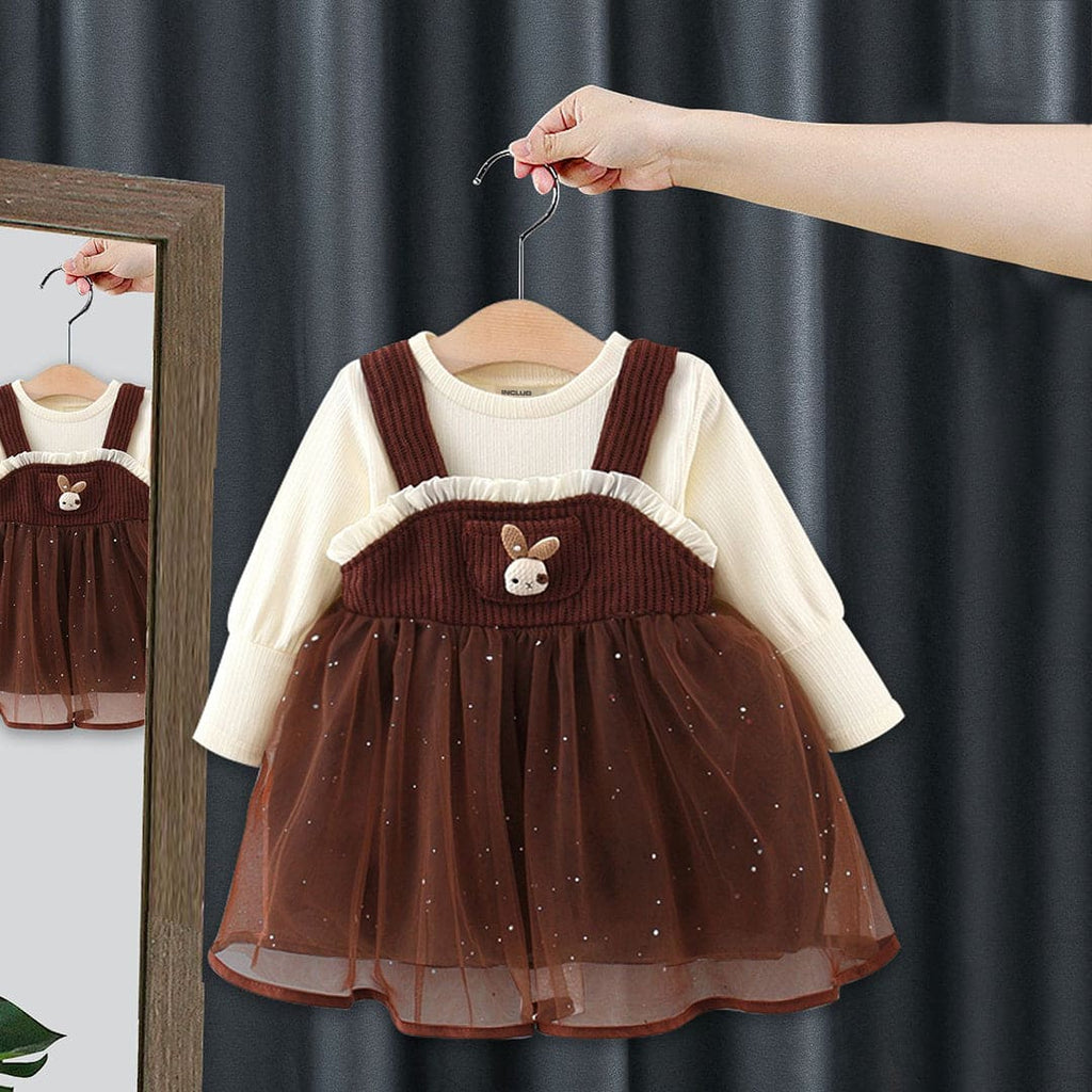 Girls Brown Embellished Long Sleeves Pinafore Dress Casual Dresses Brown 1-2 Y 