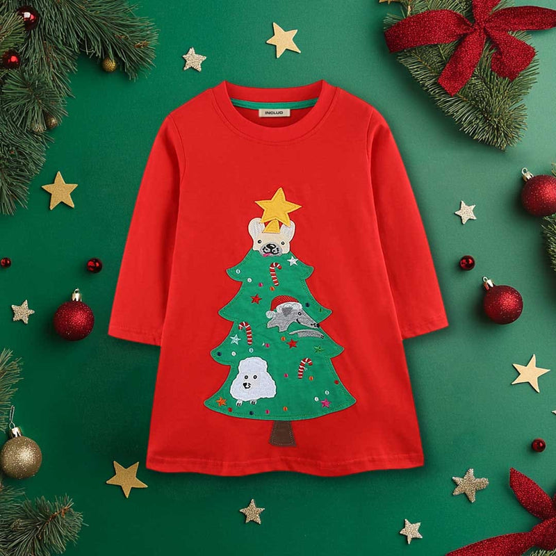 Girls Red Christmas Tree Embroidered Knitted Princess Dress Casual Dresses Red 1-2 Y 