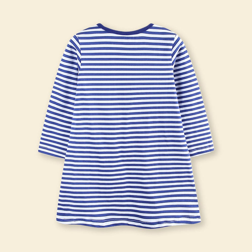 Girls White Long Sleeves Striped Strawberry Embroidered Dress Casual Dresses   