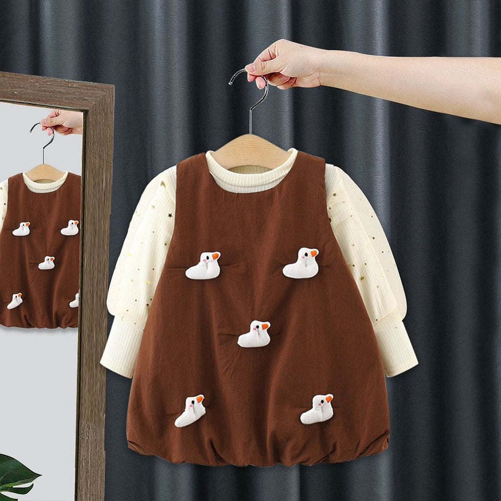 Girls Brown Long Sleeve Star Foil Print T-Shirt With Sleeveless Dress Casual Dresses Brown 1-2 Y 