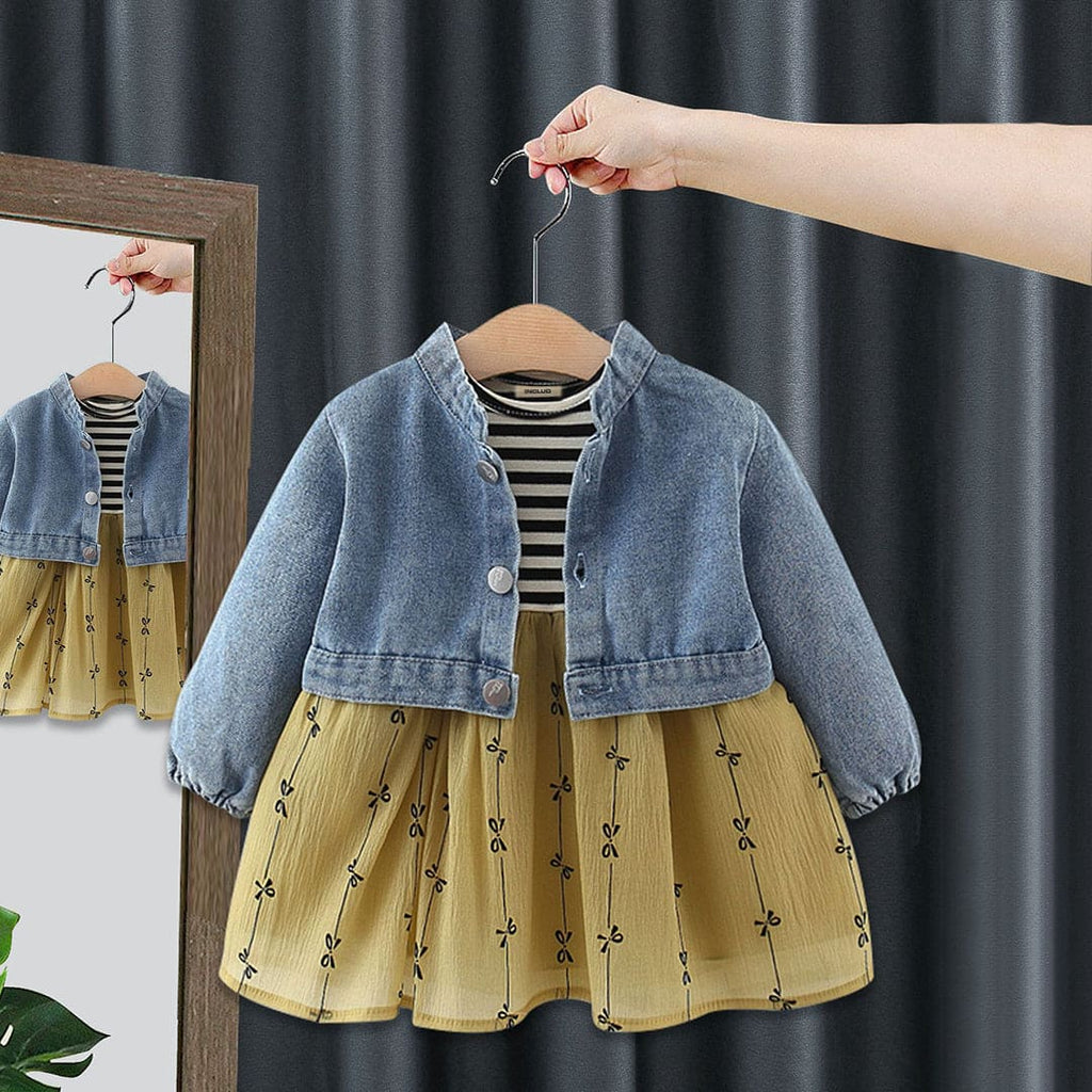 Girls Green Bow Print Dress With Long Sleeve Denim Jacket Casual Dresses Green 1-2 Y 