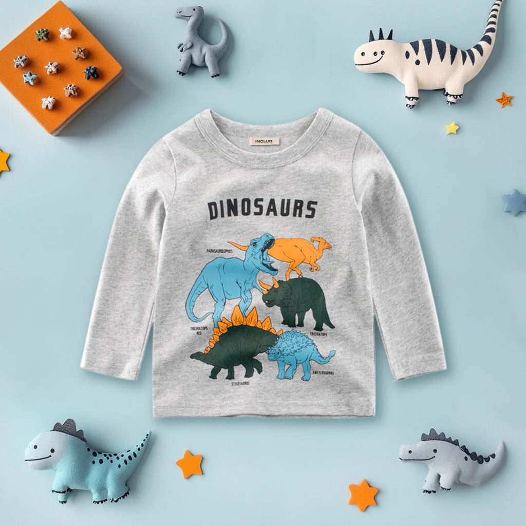 Boys Grey Dinosaur Print Full Sleeves T-shirt Tshirts Gray 1-2 Y 