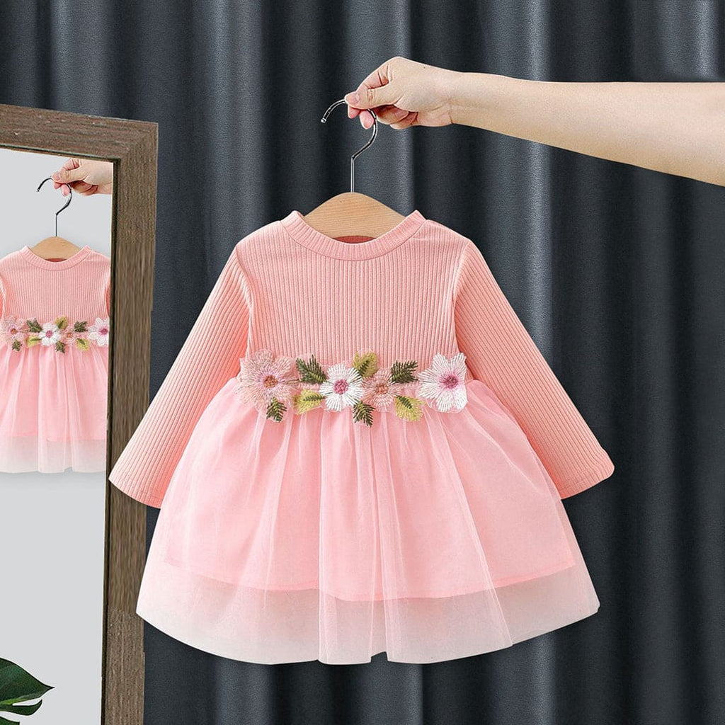 Girls Pink Long Sleeve Flower Embroidery Fit & Flare Dress Casual Dresses Pink 1-2 Y 