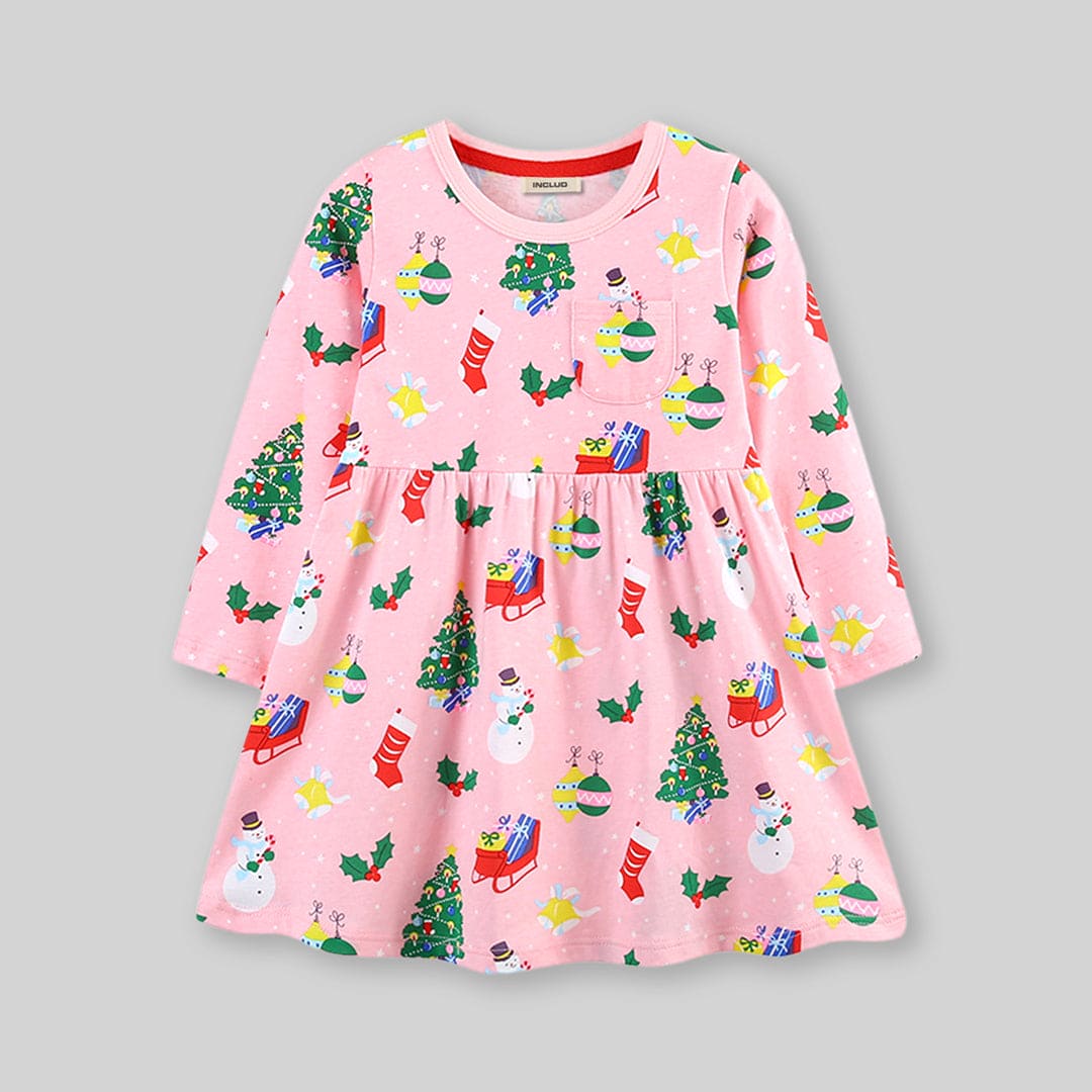 Girls Pink Long Sleeve Christmas Casual Dress Casual Dresses   
