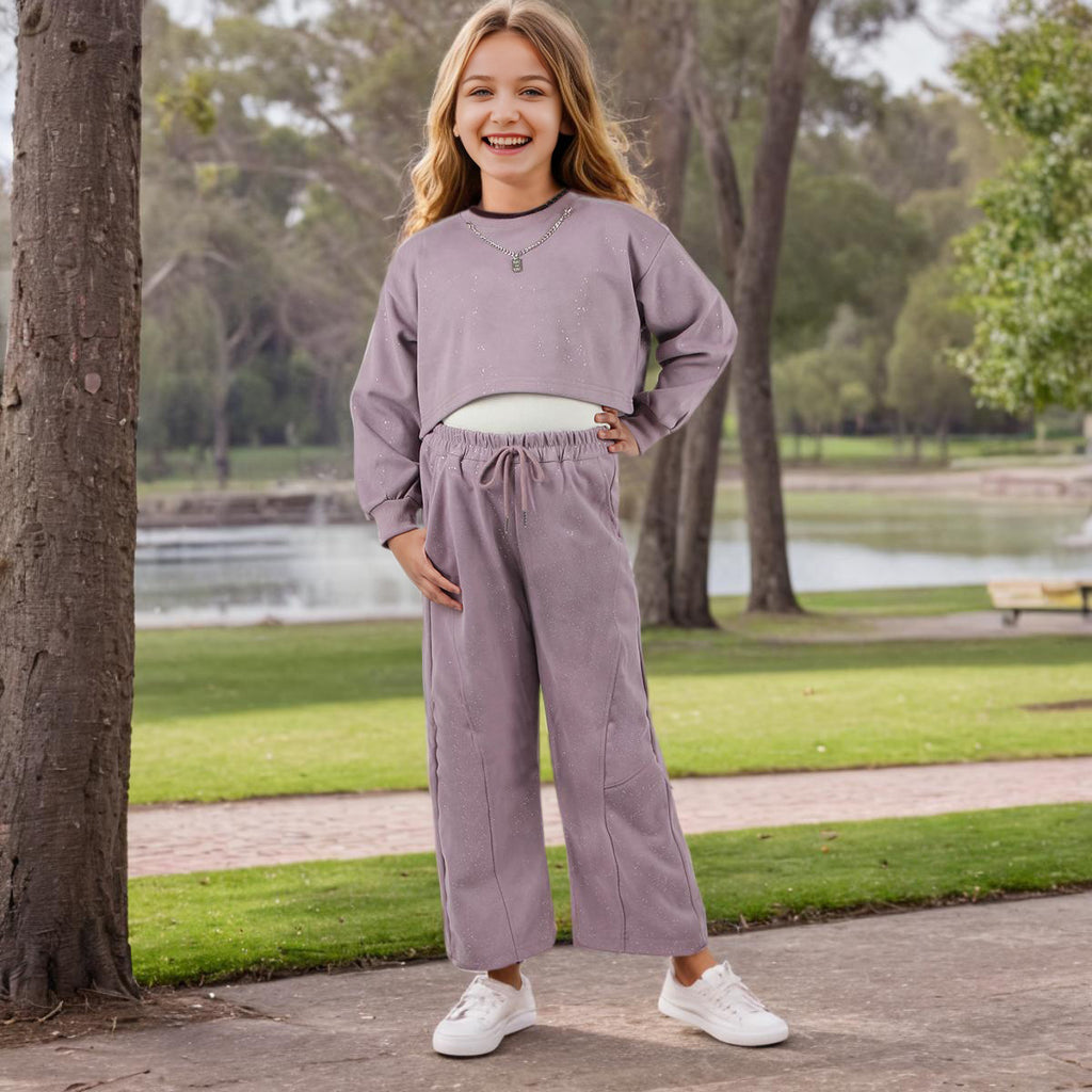 Girls Purple Crop Sweatshirt with Rib Camisole Top & Pants Set Sets Purple 7-8 Y 