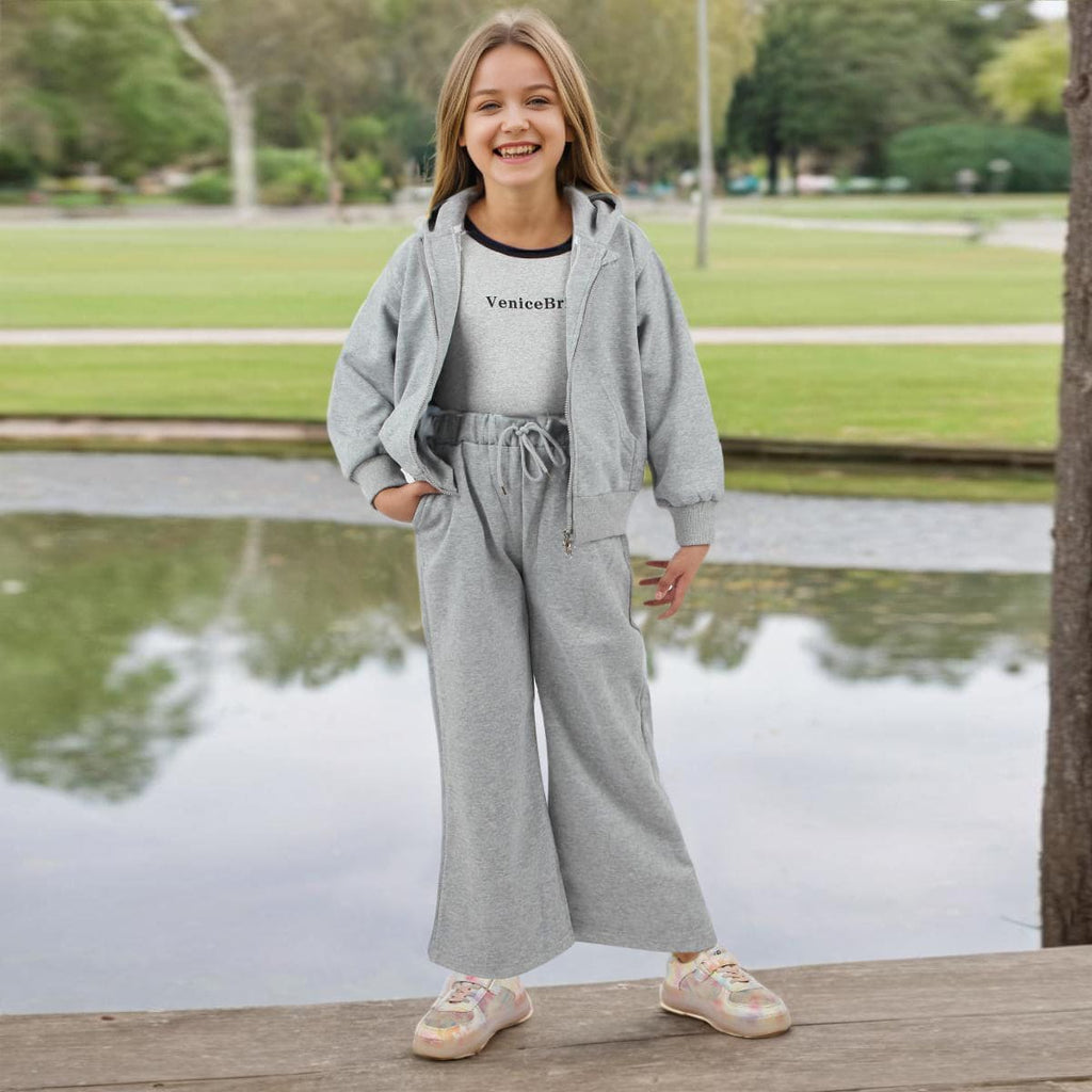 Girls Grey Hooded Jacket with Printed Vest & Pants Set Sets Gray 9-10 Y 