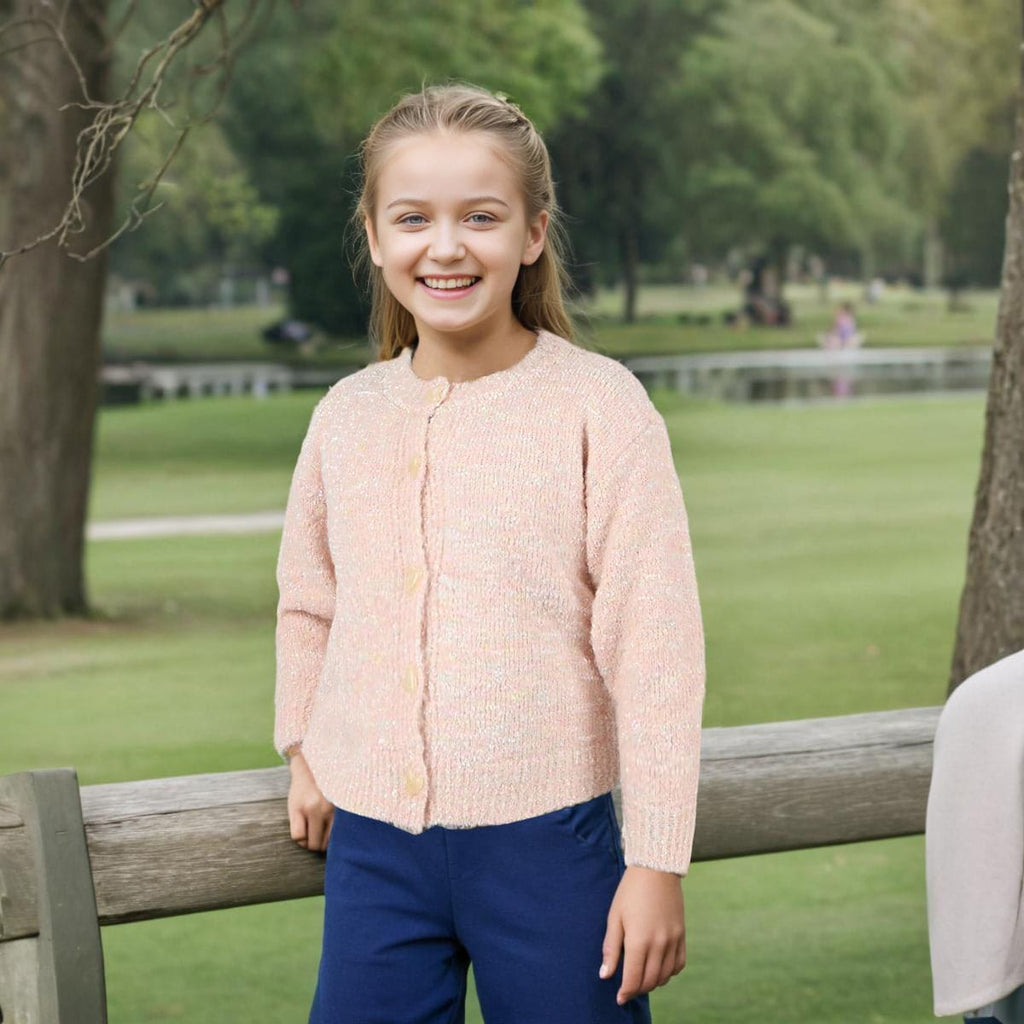Girls Peach Textured Full Sleeves Cardigan Sweaters & Cardigans   