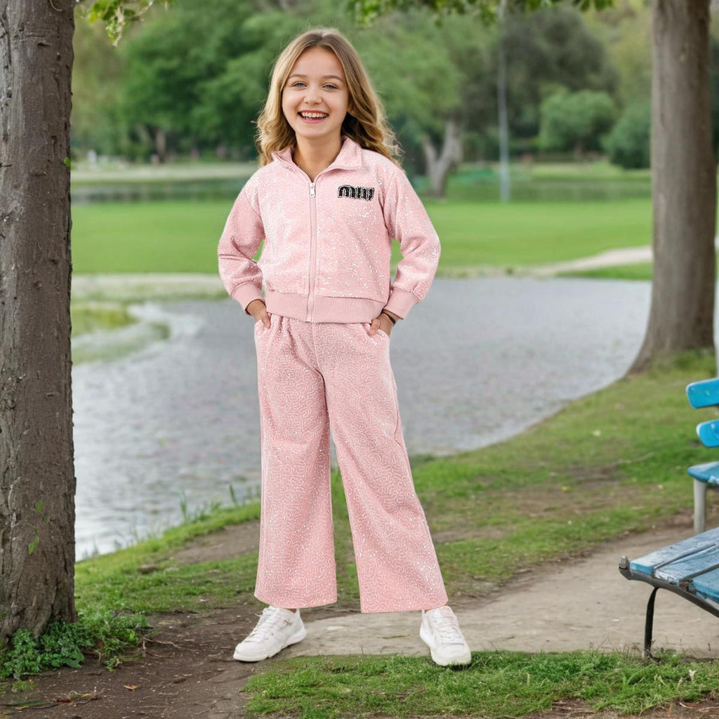 Girls Pink Sequins Embellished Full Sleeves Jacket with Pants Set Sets Pink 7-8 Y 