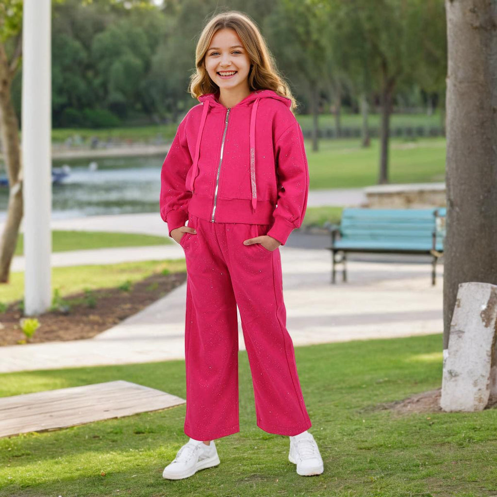 Girls Pink Embellished Hooded Jacket with Pants Set Sets Pink 9-10 Y 