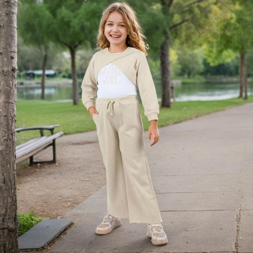 Girls Beige Crop Sweatshirt with Printed Top & Pants Set Sets Beige 9-10 Y 