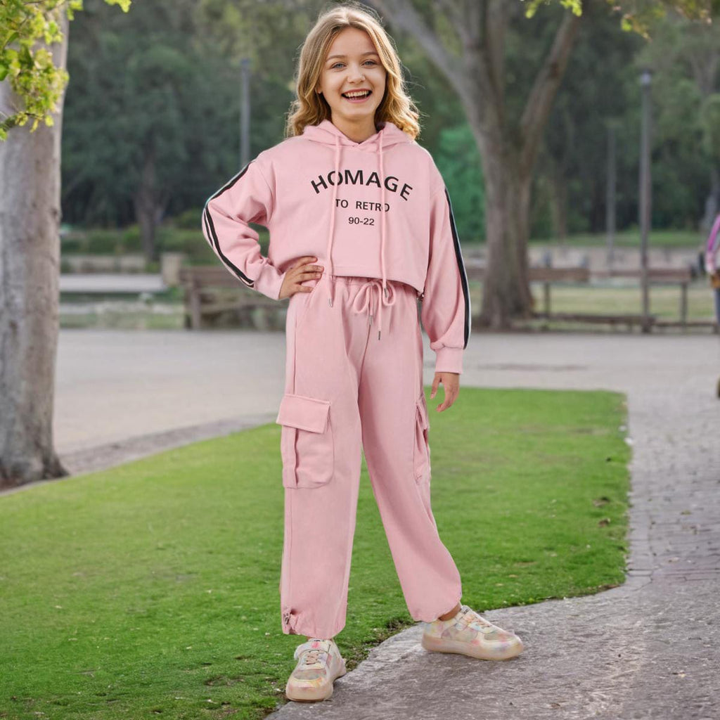 Girls Pink Printed Hooded Crop Sweatshirt with Pants Set Sets Pink 7-8 Y 