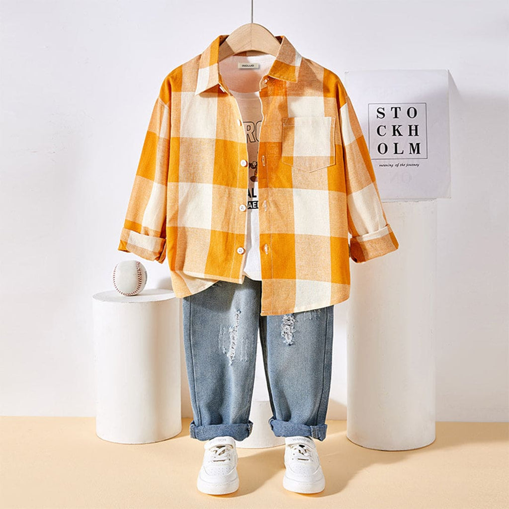 Boys Orange Checkered Long Sleeves Shirt