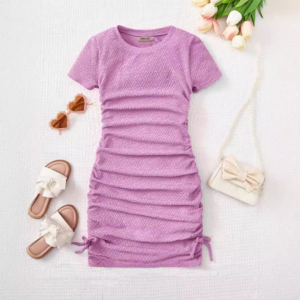 Girls Textured Short Sleeves Bodycon Dress Casual Dresses Violet 3-4 Y 