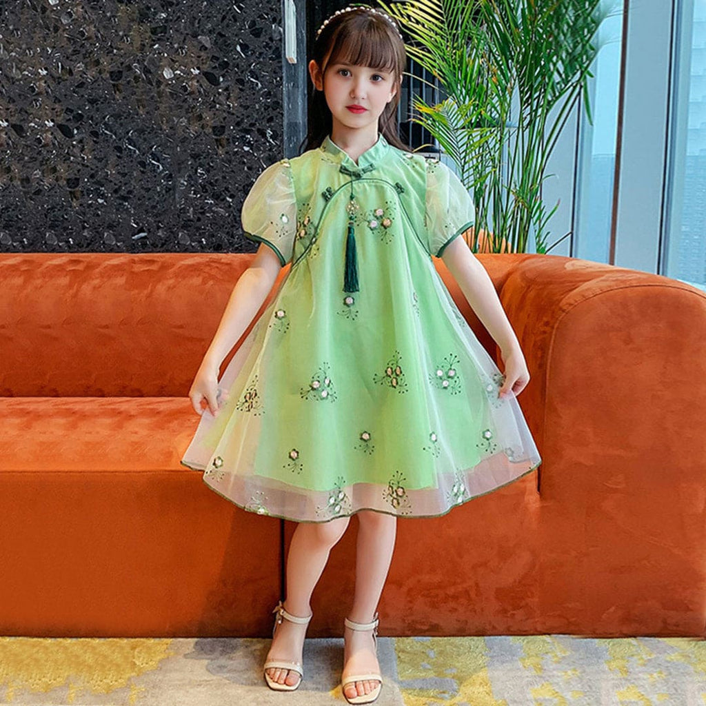 Girls Embroidered Party Wear Puff Sleeves A-line Dress Party Dresses Light Green 1-2 Y 