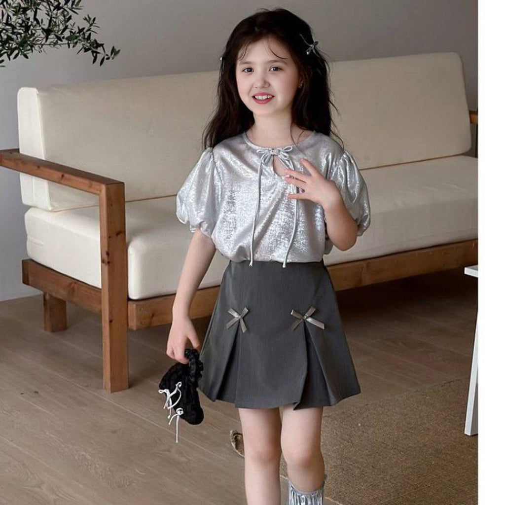 Girls Metallic Puff Sleeves Top with Box Pleat Skirt Set Sets Silver 1-2 Y 