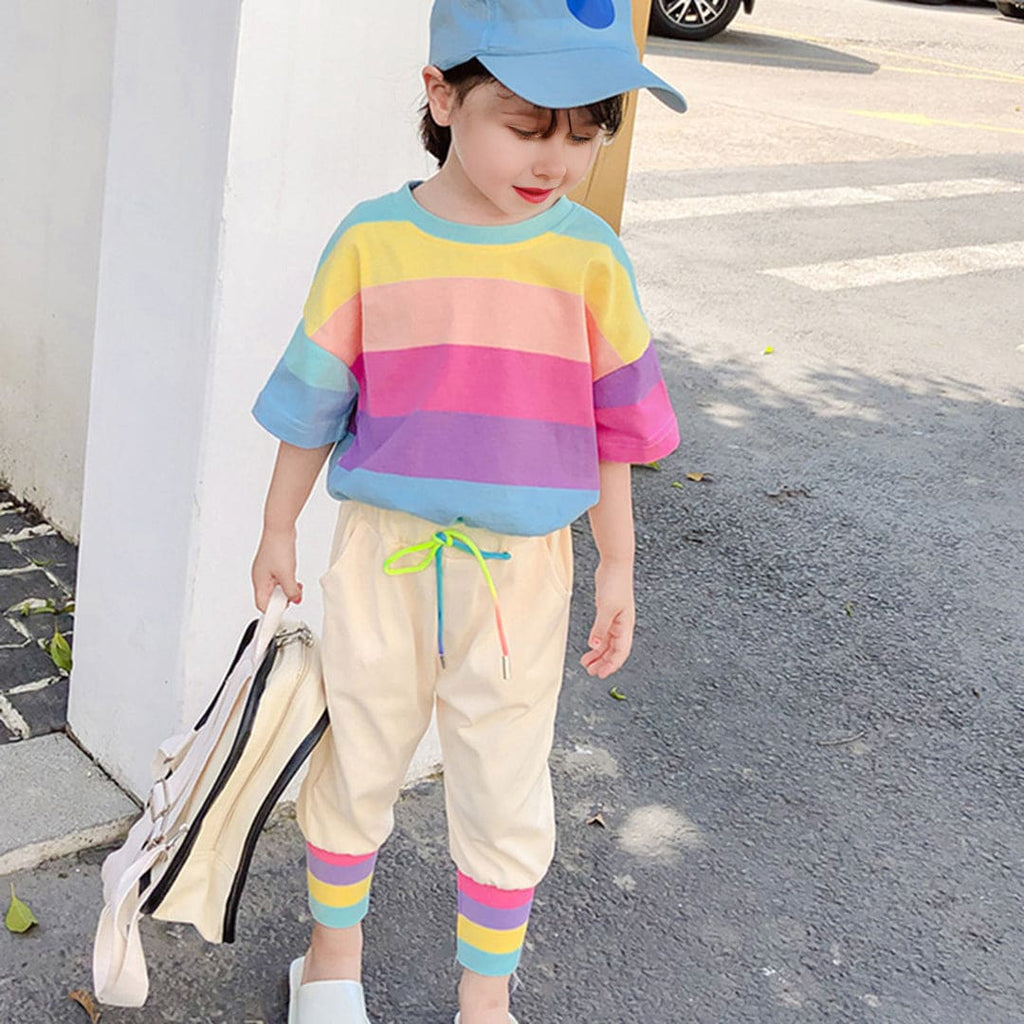 Girls Multistriped T-shirt with Cuffed Hem Joggers Set