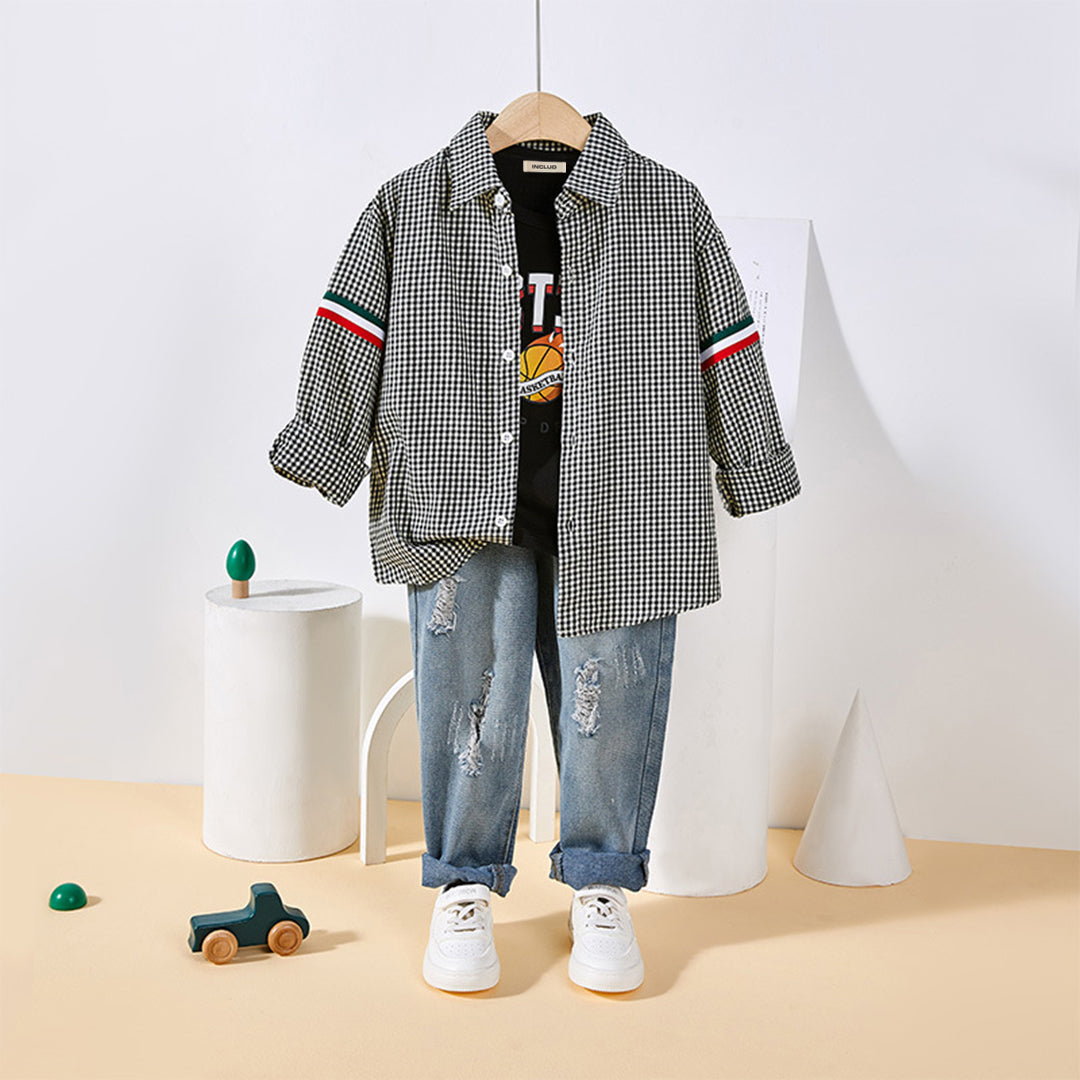 Boys Black Gingham Check Long Sleeves Shirt Shirts Black 3-4 Y 