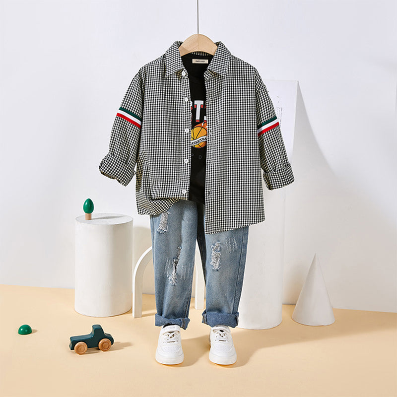 Boys Black Gingham Check Long Sleeves Shirt Shirts Black 3-4 Y 