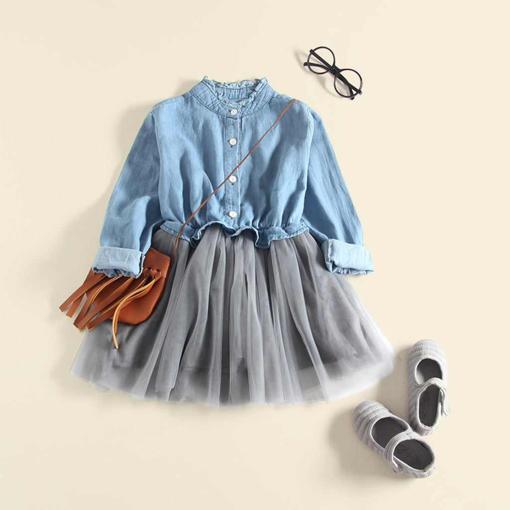 Girls Light Blue Denim Bodice Long Sleeves Tulle Overlay Dress Casual Dresses Light Blue 1-2 Y 