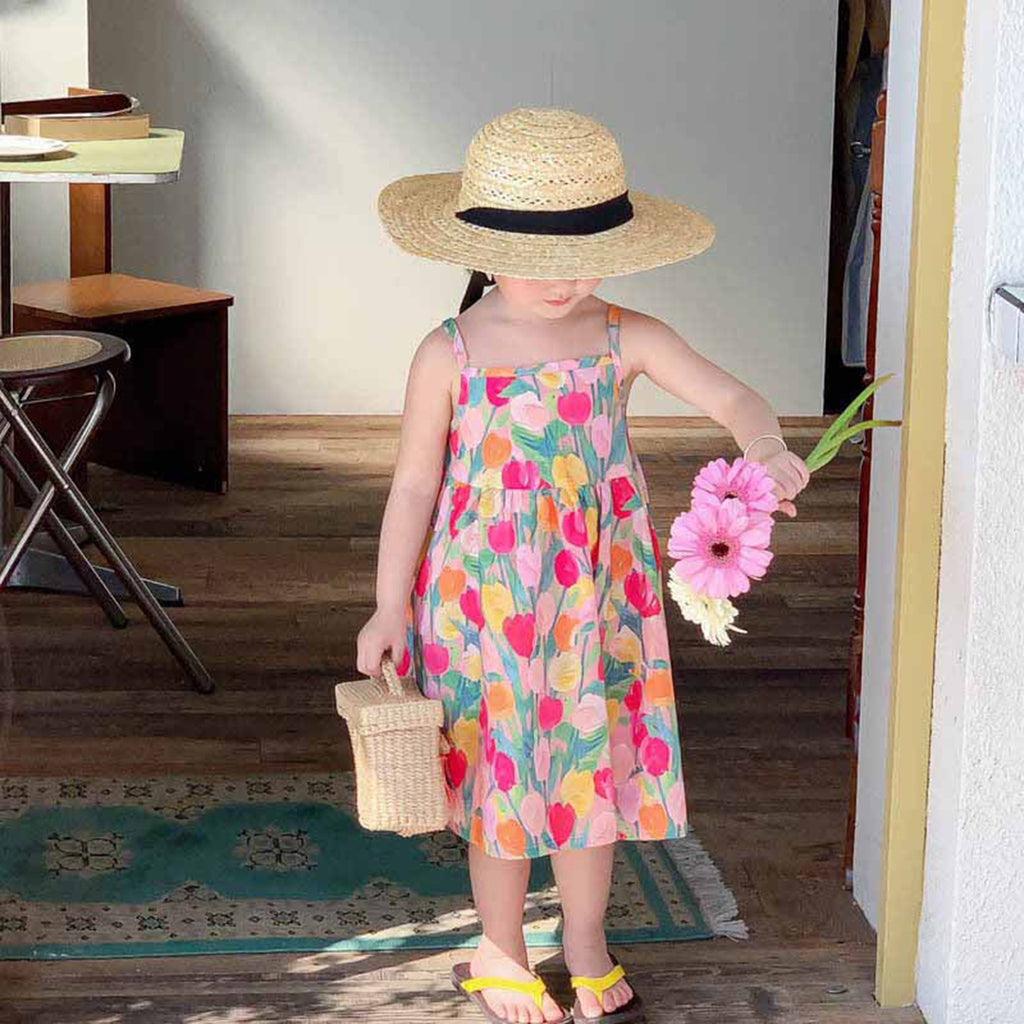 Girls Floral Print Shoulder Strap Midi Dress Casual Dresses Multicolor 2-3 Y 