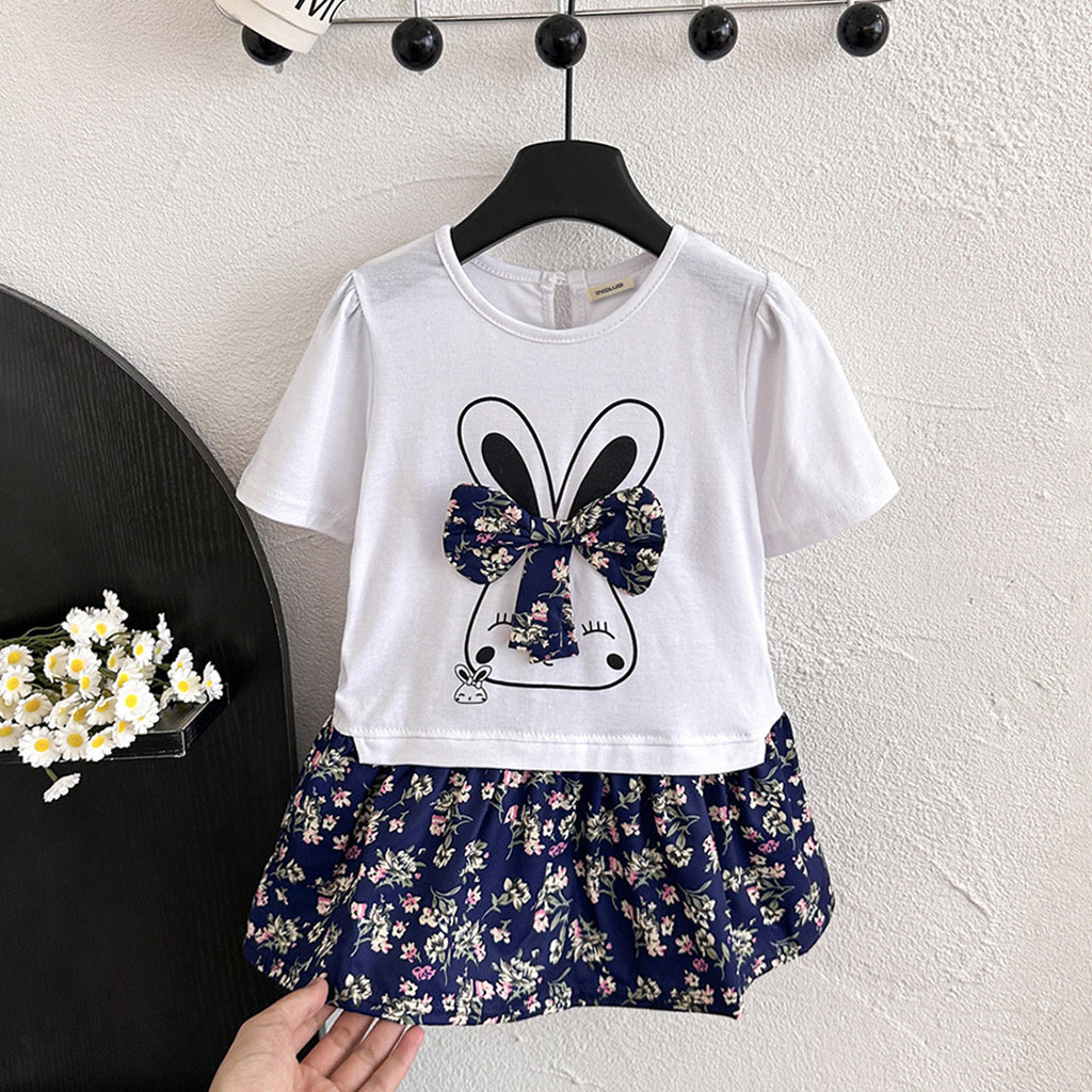 Girls Blue Bow Applique Short Sleeves T-shirt with Printed Skirt Sets Blue 1-2 Y 