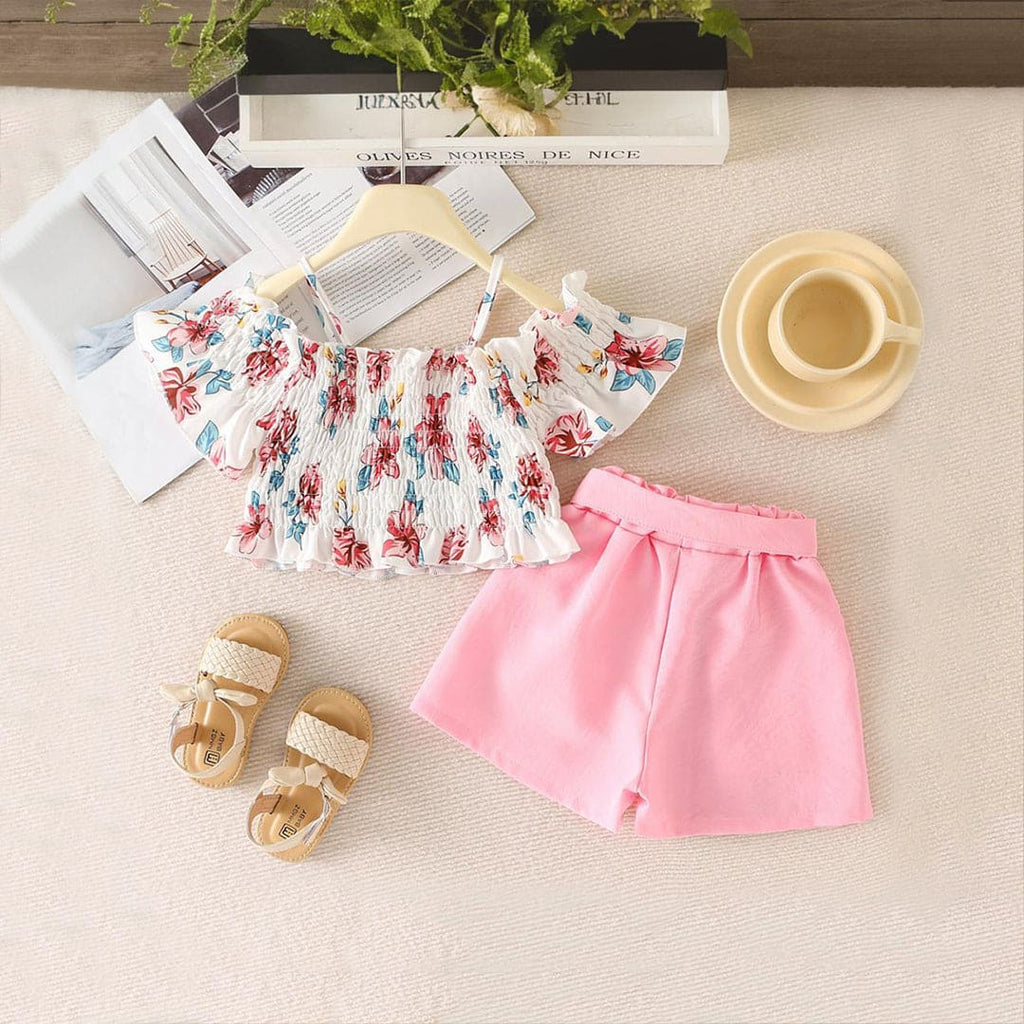 Girls Floral Print Off Shoulder Top with Shorts Set Sets Pink 1-2 Y 