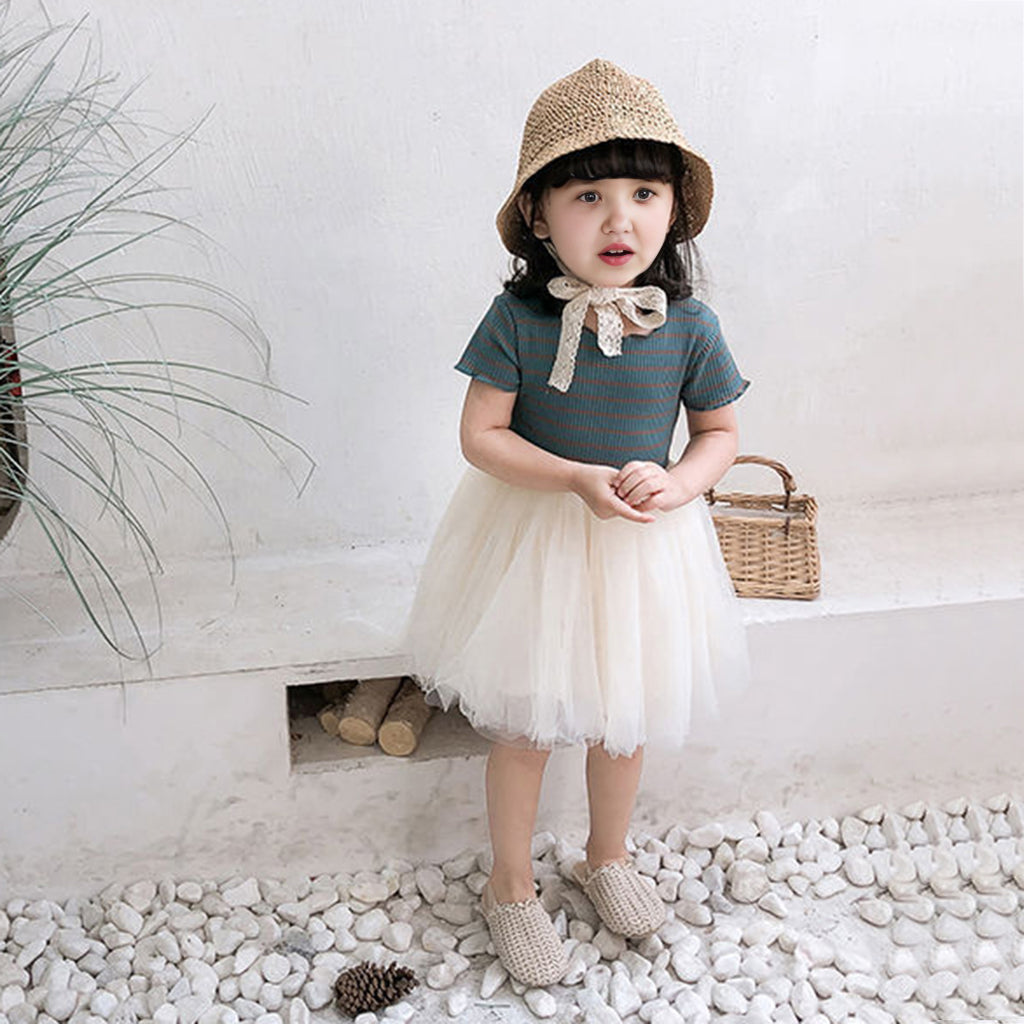 Girls Green Striped Knitted Bodice Tulle Overlay Casual Dress Casual Dresses Green 1-2 Y 