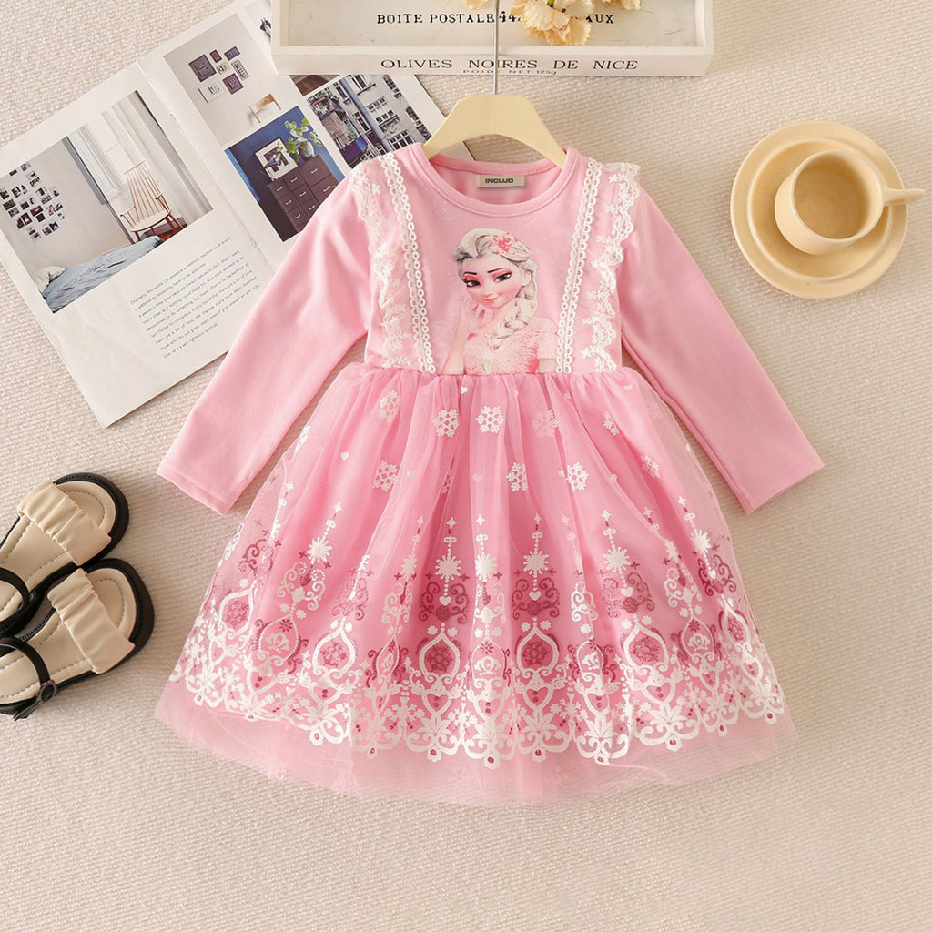 Girls Pink Frozen Print Full Sleeves Fit & Flare Dress Party Dresses Pink 1-2 Y 